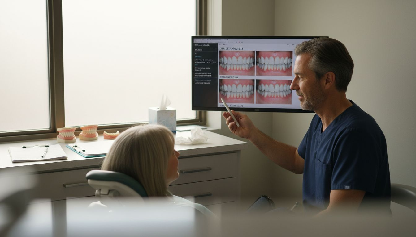Dentist reviewing smile imaging with patient