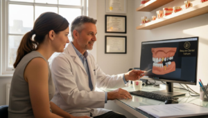 Dentist and patient discussing dental implant options