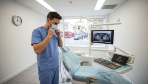 Dental surgeon prepares for wisdom tooth removal