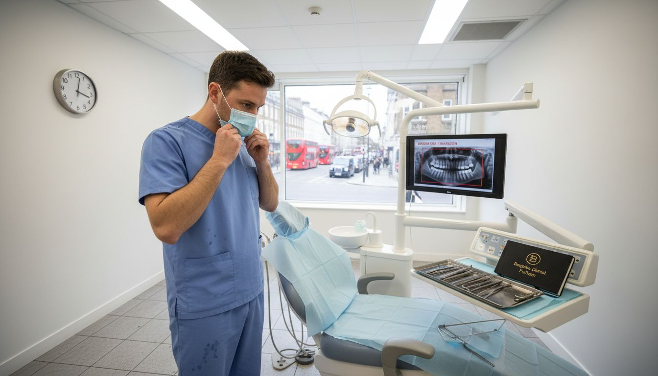 Dental surgeon prepares for wisdom tooth removal