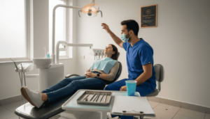 Dental surgeon consults patient about sedation