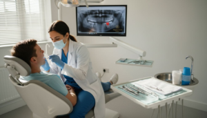 Dentist examining patient's lower wisdom teeth