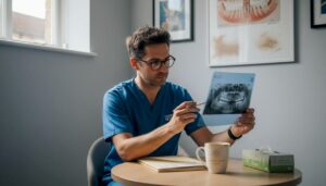 Dentist discussing wisdom tooth x-ray with patient