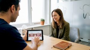 Patient viewing dental results with dentist