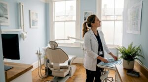 Dentist organizing tray in boutique clinic