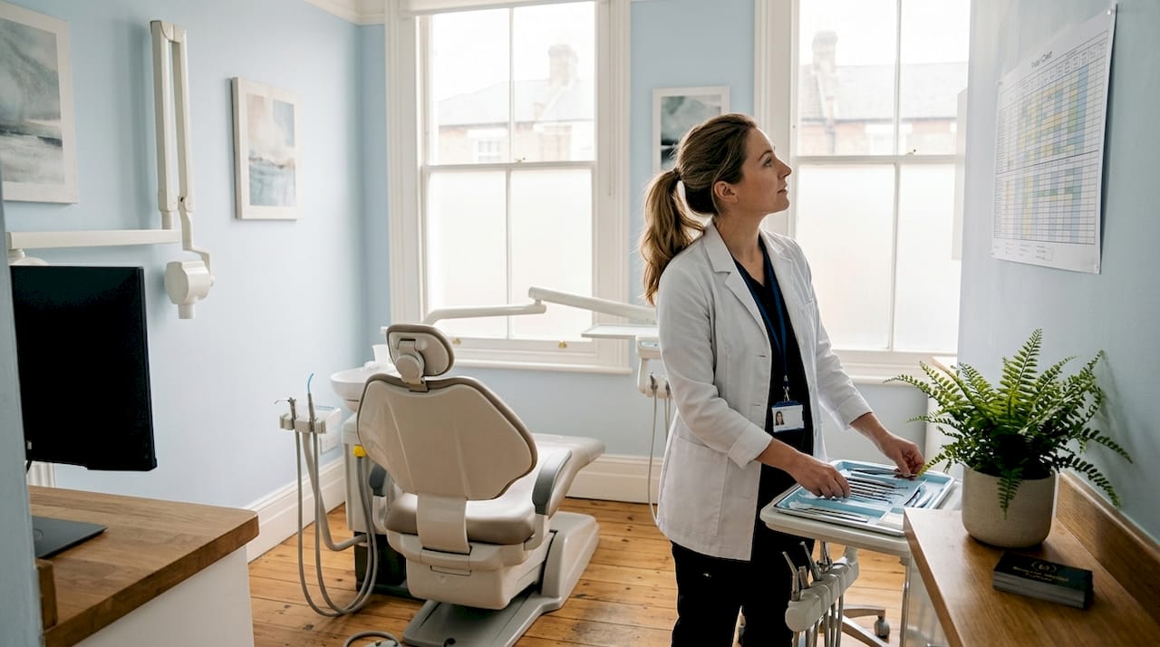 Dentist organizing tray in boutique clinic
