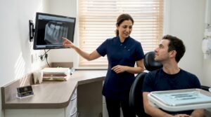 Dental specialist consulting with patient in office