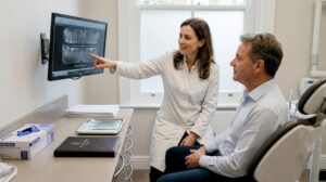 Dentist and patient reviewing dental results