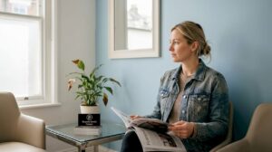 Patient in dental clinic waiting area smiling