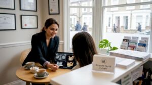 Dentist consulting with client in Fulham clinic