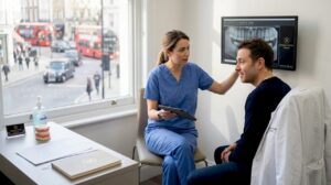 Dentist consulting patient in clinic setting