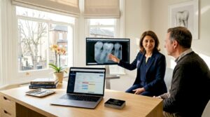 Dentist reviewing dental x-rays with patient