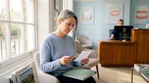 Woman preparing for dental consultation in waiting room