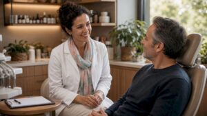 Dentist greeting patient in holistic dental clinic
