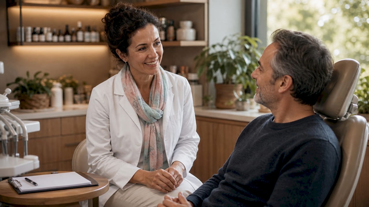 Dentist greeting patient in holistic dental clinic
