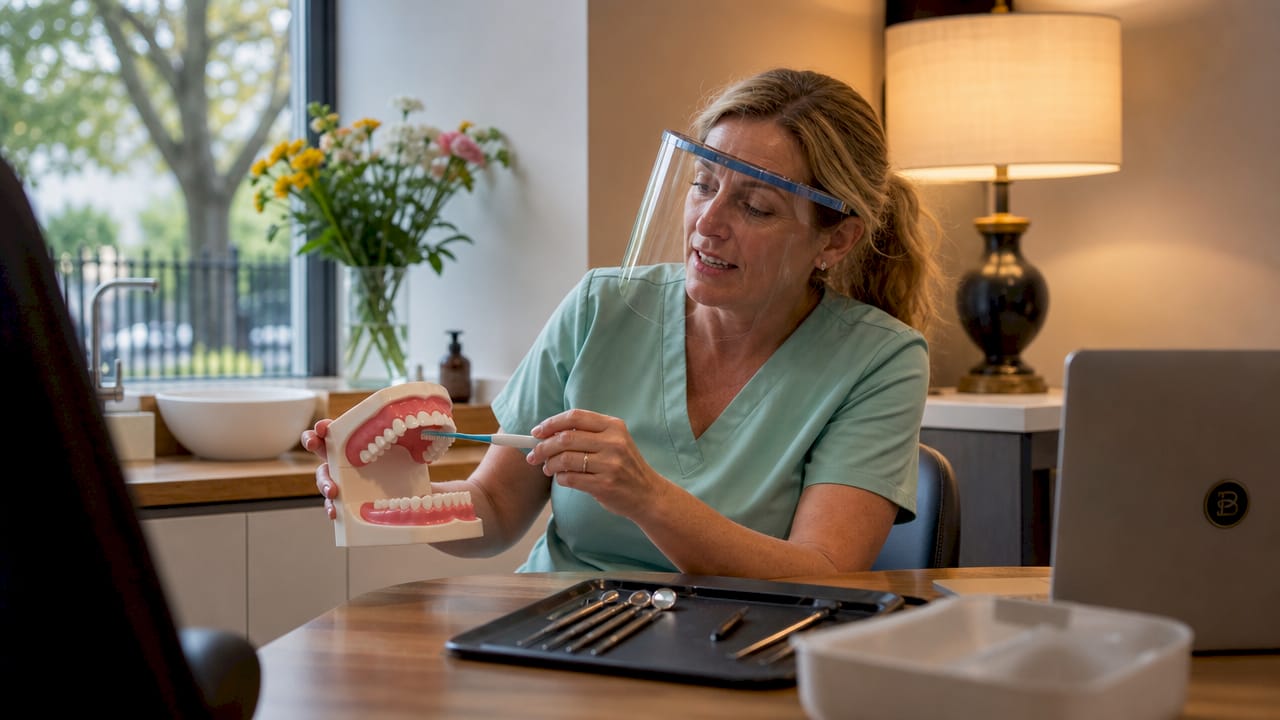 Dental hygienist demonstrating brushing technique on dental model