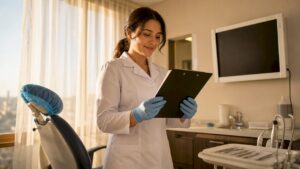 Dental hygienist consulting patient in clinic