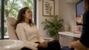 Patient viewing digital smile design consultation