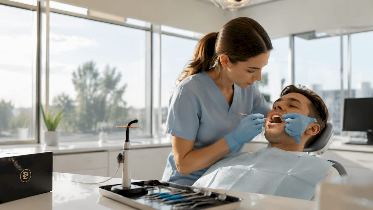 Dentist performing composite bonding on patient tooth