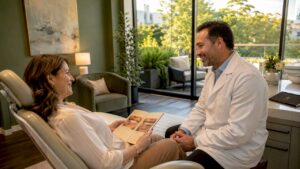 Patient receiving luxury dental consultation in spa-like clinic