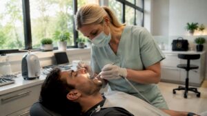 Dental hygienist cleaning patient’s teeth in clinic