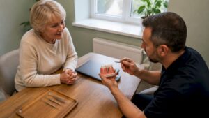 Patient consulting dentist about dental implants
