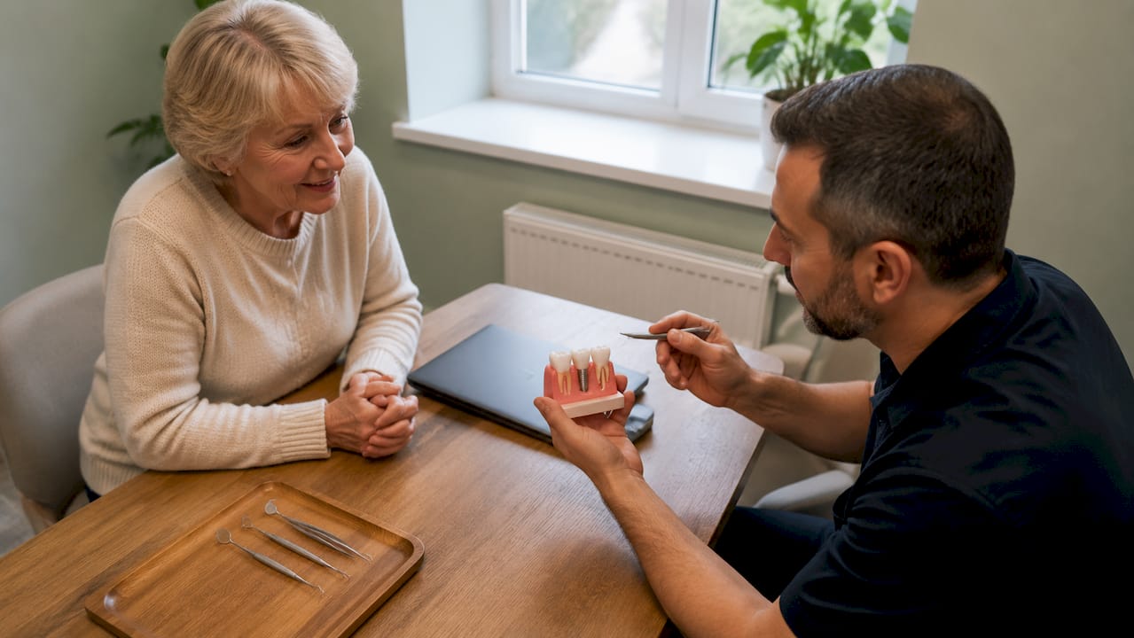 Patient consulting dentist about dental implants