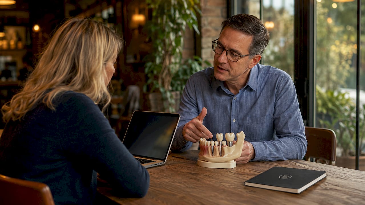 Patient consulting dentist about dental implants