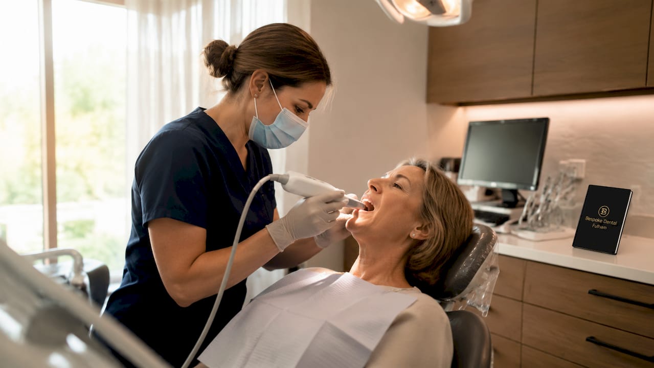 Dentist scanning patient's teeth with intraoral scanner