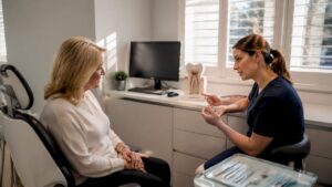Patient consulting dentist about restorative dentistry
