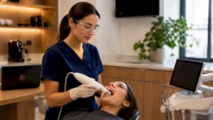 Dentist using intraoral scanner in clinic