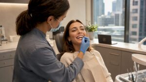 Dentist applying composite bonding to patient's teeth