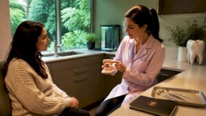 Dentist consulting patient on emergency dental care