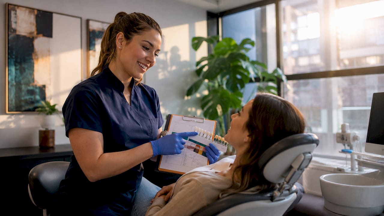 Dental hygienist consulting patient about whitening